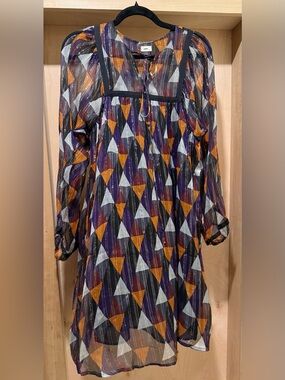 Warm Multicolor Geometric Tunic with Metallic Stripes Size Small Silk
